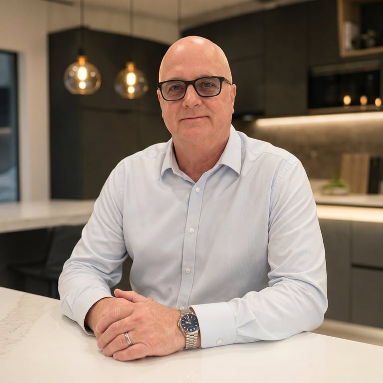 Bald man with glasses wearing light blue shirt seated at white counter in modern kitchen with dark cabinets and pendant lights
